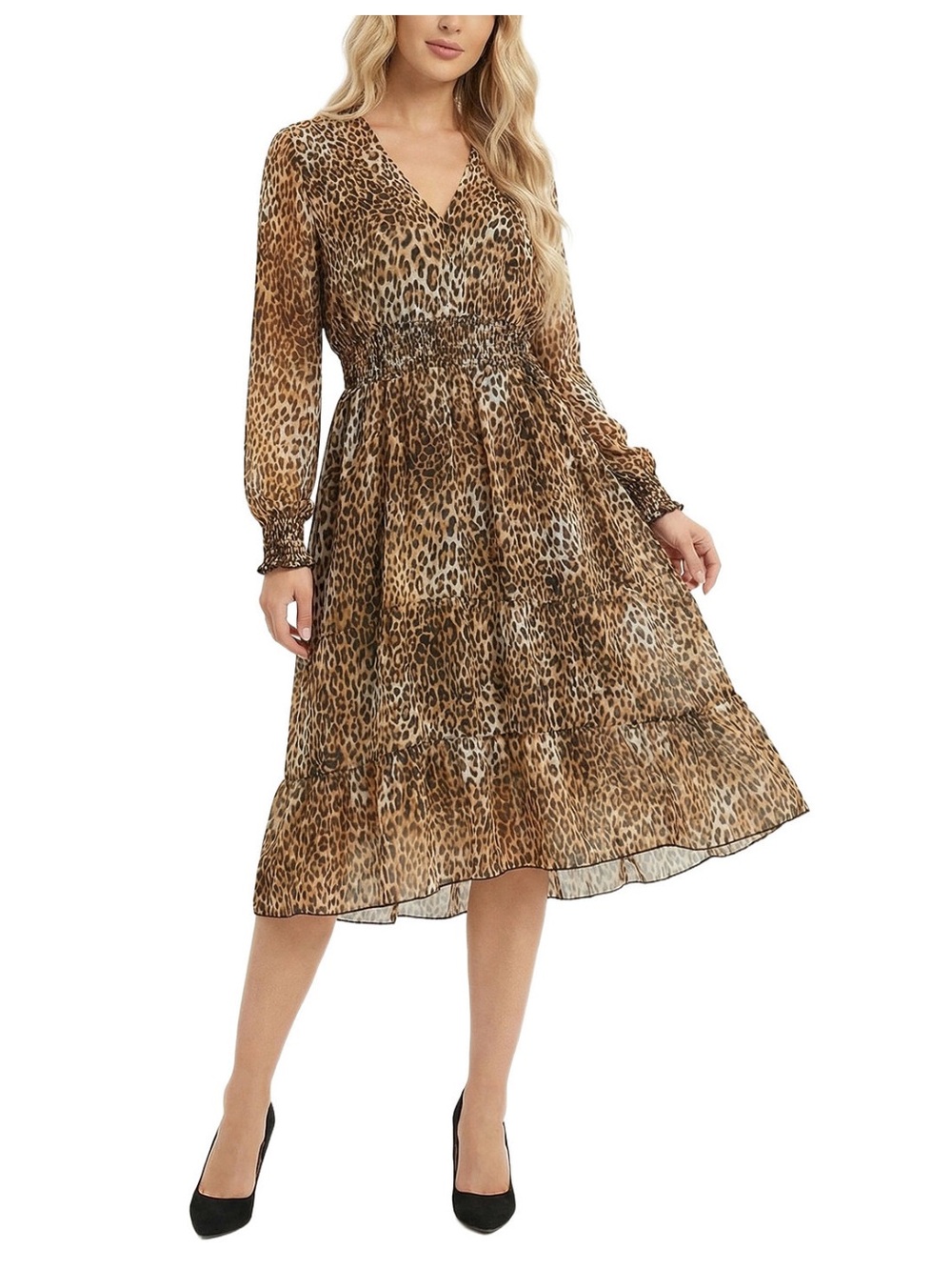 Petite Long-Sleeve V-neck Leopard Print Chiffon Dress Smocked Waist and Cuffs